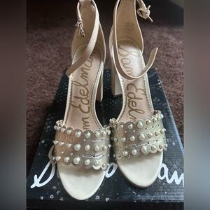 Sam Edelman Yaria Cream and Gold Block Heels size 9 1/2 EUC